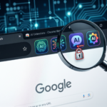 Navigateur web avec extensions IA dans la barre doutils, cadenas de sécurité et loupe dexamen sur fond bleu cyber