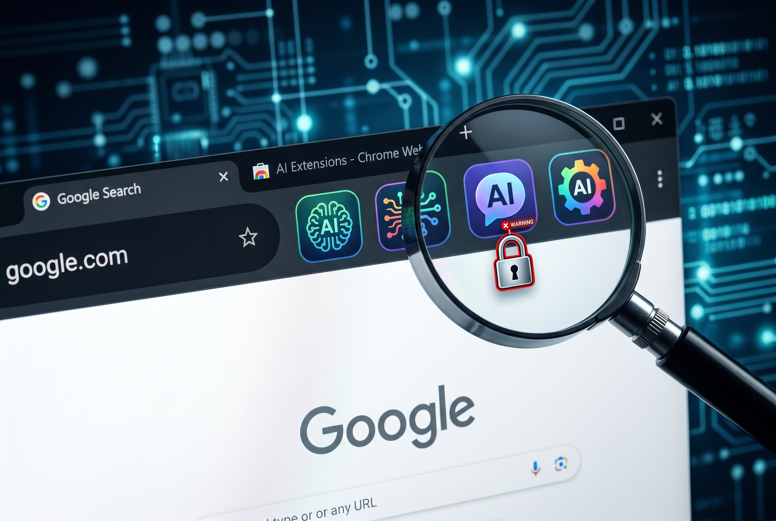 Navigateur web avec extensions IA dans la barre doutils, cadenas de sécurité et loupe dexamen sur fond bleu cyber