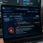 Faille sécurité GitHub.dev : écran avec icônes de vulnérabilité OAuth et vol de jeton développeur sur fond bleu sombre