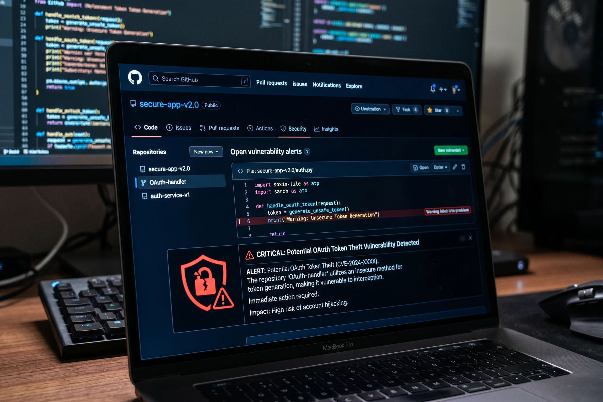 Faille sécurité GitHub.dev : écran avec icônes de vulnérabilité OAuth et vol de jeton développeur sur fond bleu sombre