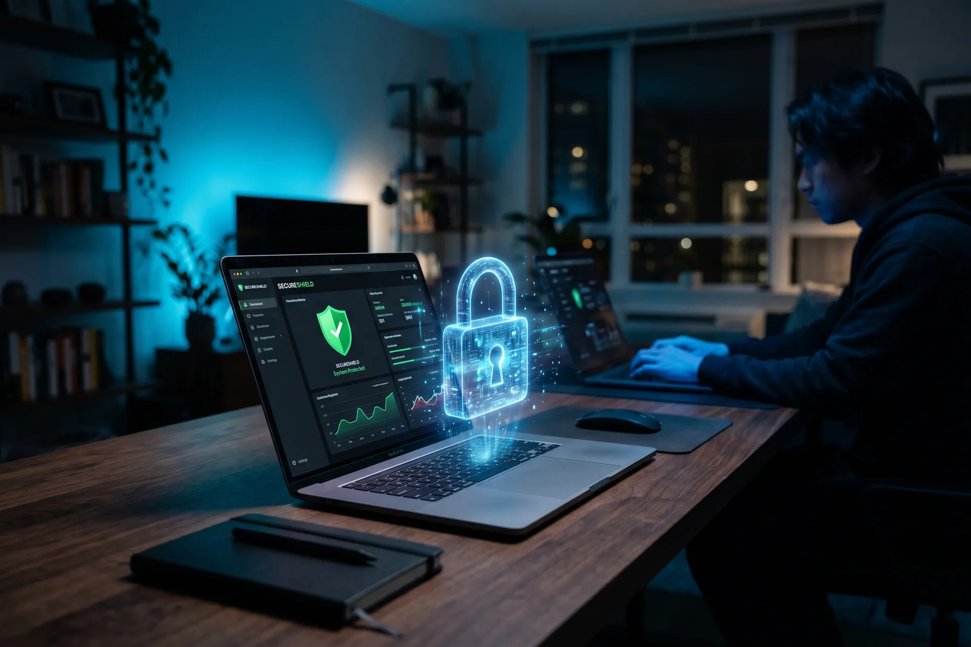 Espace moderne avec laptop affichant bouclier antivirus vert et cadenas holographique