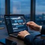 Bureau moderne avec laptop affichant une interface de chatbot IA et loupe révélant des icônes d'avertissement