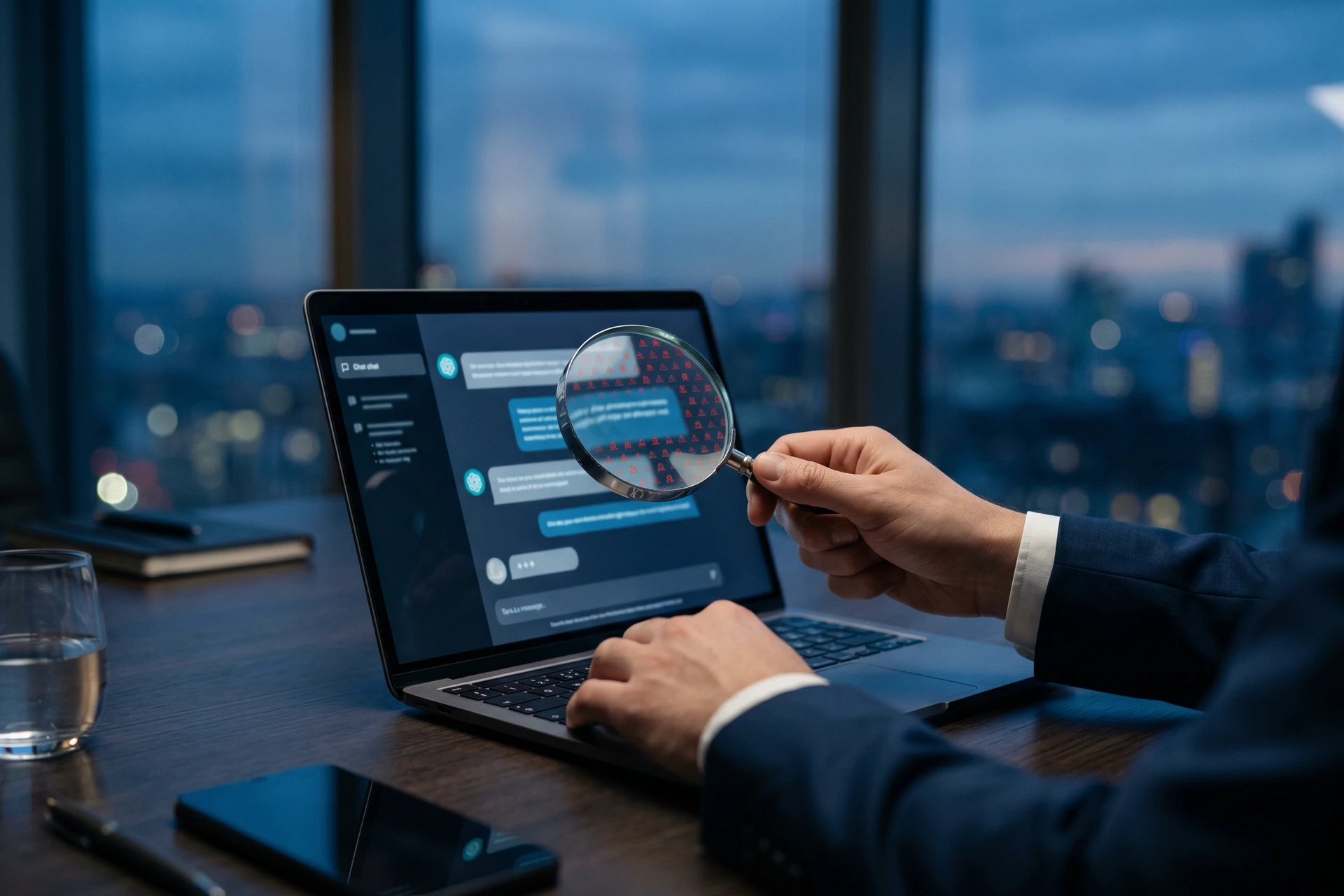 Bureau moderne avec laptop affichant une interface de chatbot IA et loupe révélant des icônes d'avertissement