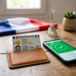 Carte d'identite electronique francaise CNIe sur bureau avec smartphone affichant France Identite