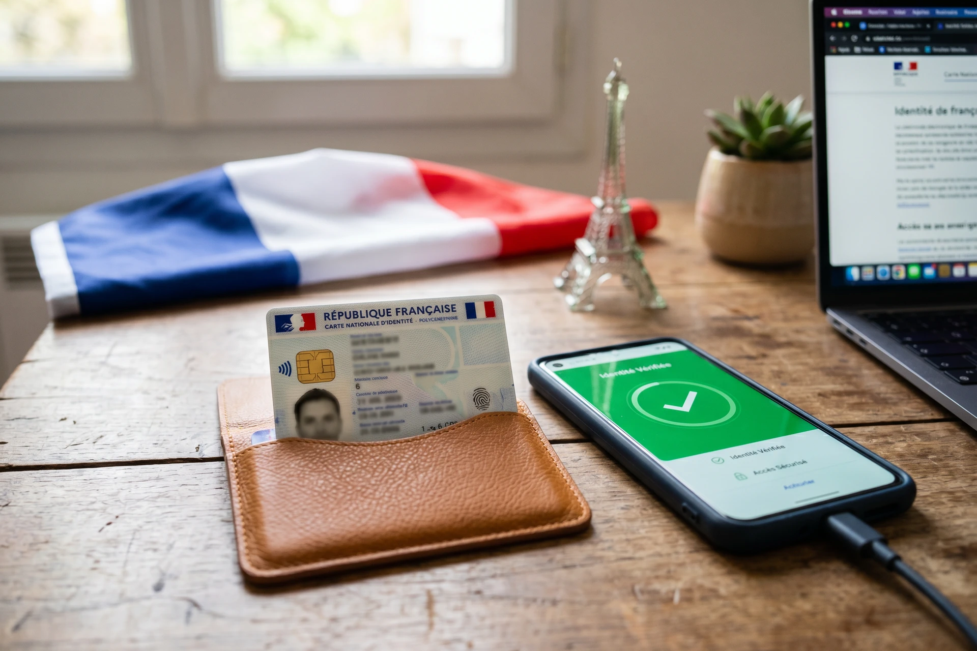 Carte d'identite electronique francaise CNIe sur bureau avec smartphone affichant France Identite
