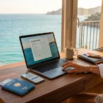 Bureau en location de vacances vue sur la mer turquoise laptop avec check-list cybersecurite et telephone