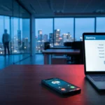 Bureau open space avec smartphone affichant un faux appel entrant et laptop avec virement bancaire