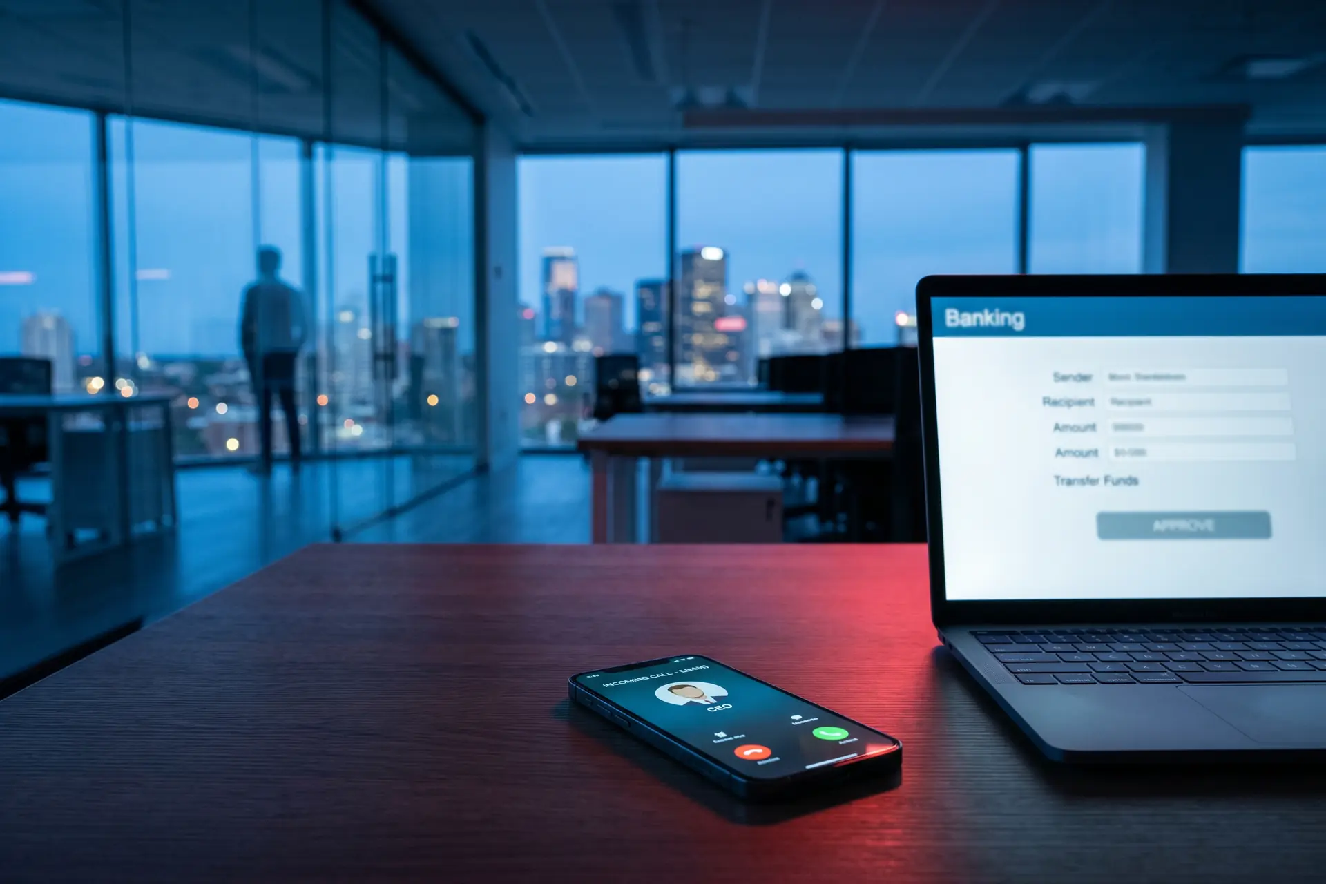 Bureau open space avec smartphone affichant un faux appel entrant et laptop avec virement bancaire