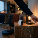 Salon moderne avec objets connectés : caméra assistant vocal ampoule et robot aspirateur