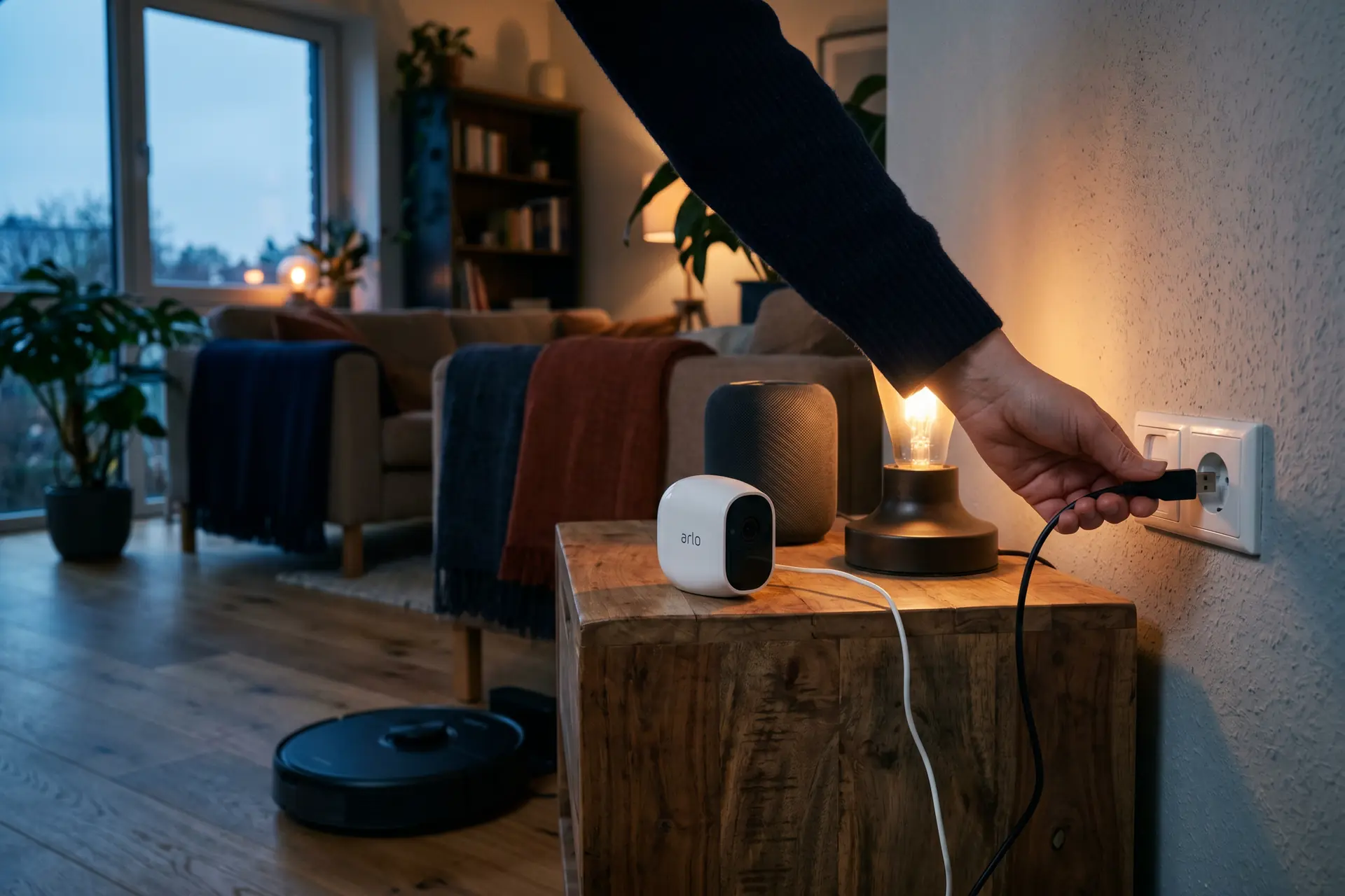 Salon moderne avec objets connectés : caméra assistant vocal ampoule et robot aspirateur
