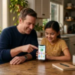 Père et fille de 10 ans regardant un smartphone ensemble à table, ambiance chaleureuse