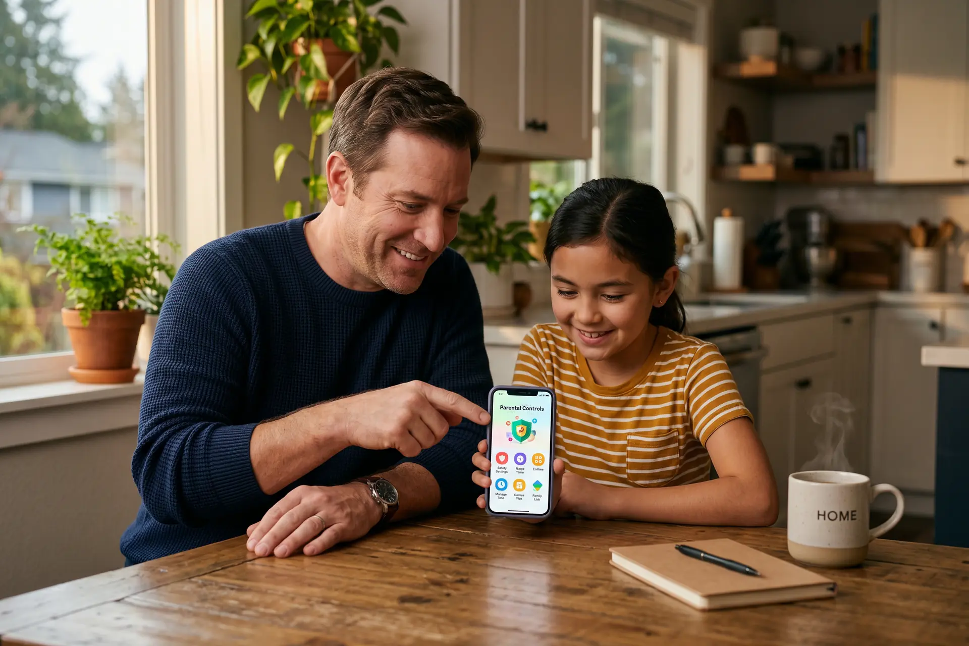 Père et fille de 10 ans regardant un smartphone ensemble à table, ambiance chaleureuse