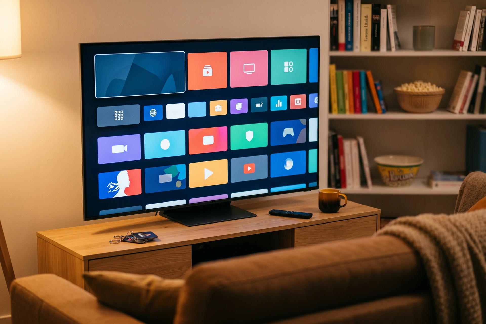 Smart TV dans salon moderne affichant menu streaming gratuit avec chaines FAST