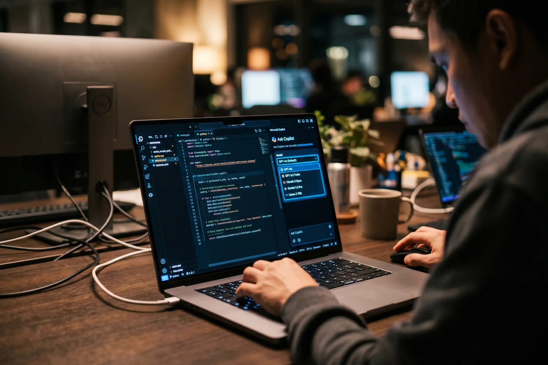 Laptop showing Microsoft Copilot interface with multiple AI model choices in dropdown selector, dark mode UI, professional photojournalism style