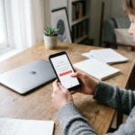Main tenant un smartphone avec un ecran de suppression de compte Google, dans un bureau moderne eclaire en lumiere naturelle