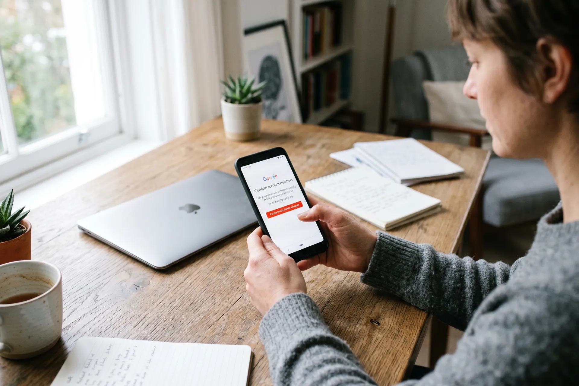 Main tenant un smartphone avec un ecran de suppression de compte Google, dans un bureau moderne eclaire en lumiere naturelle