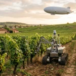 Robot agricole autonome dans un vignoble français avec dirigeable à hydrogène en arrière-plan, lumière dorée