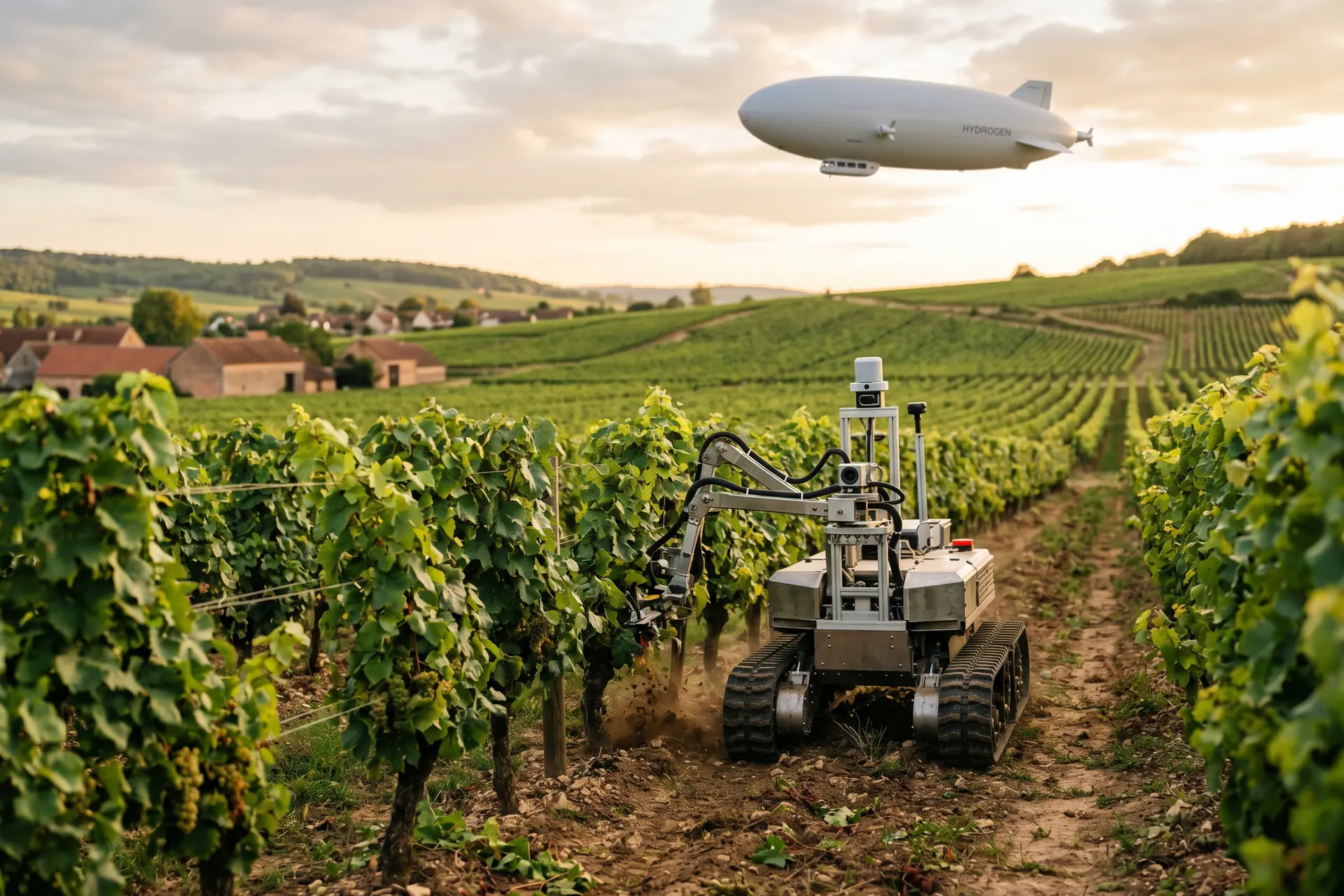 Robot agricole autonome dans un vignoble français avec dirigeable à hydrogène en arrière-plan, lumière dorée