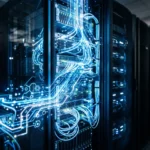 Visualisation abstraite de pipelines de données IA à haute vitesse, style éditorial tech