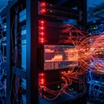 Attaque HTTP/2 Bomb sur serveur web : rack de serveurs avec alertes rouges et flux de données réseau saturés