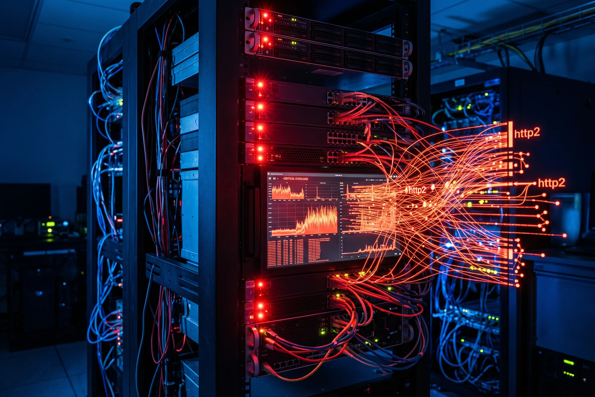 Attaque HTTP/2 Bomb sur serveur web : rack de serveurs avec alertes rouges et flux de données réseau saturés