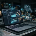Écran d'ordinateur portable affichant une interface de présentation avec des visuels holographiques d'analyse de documents