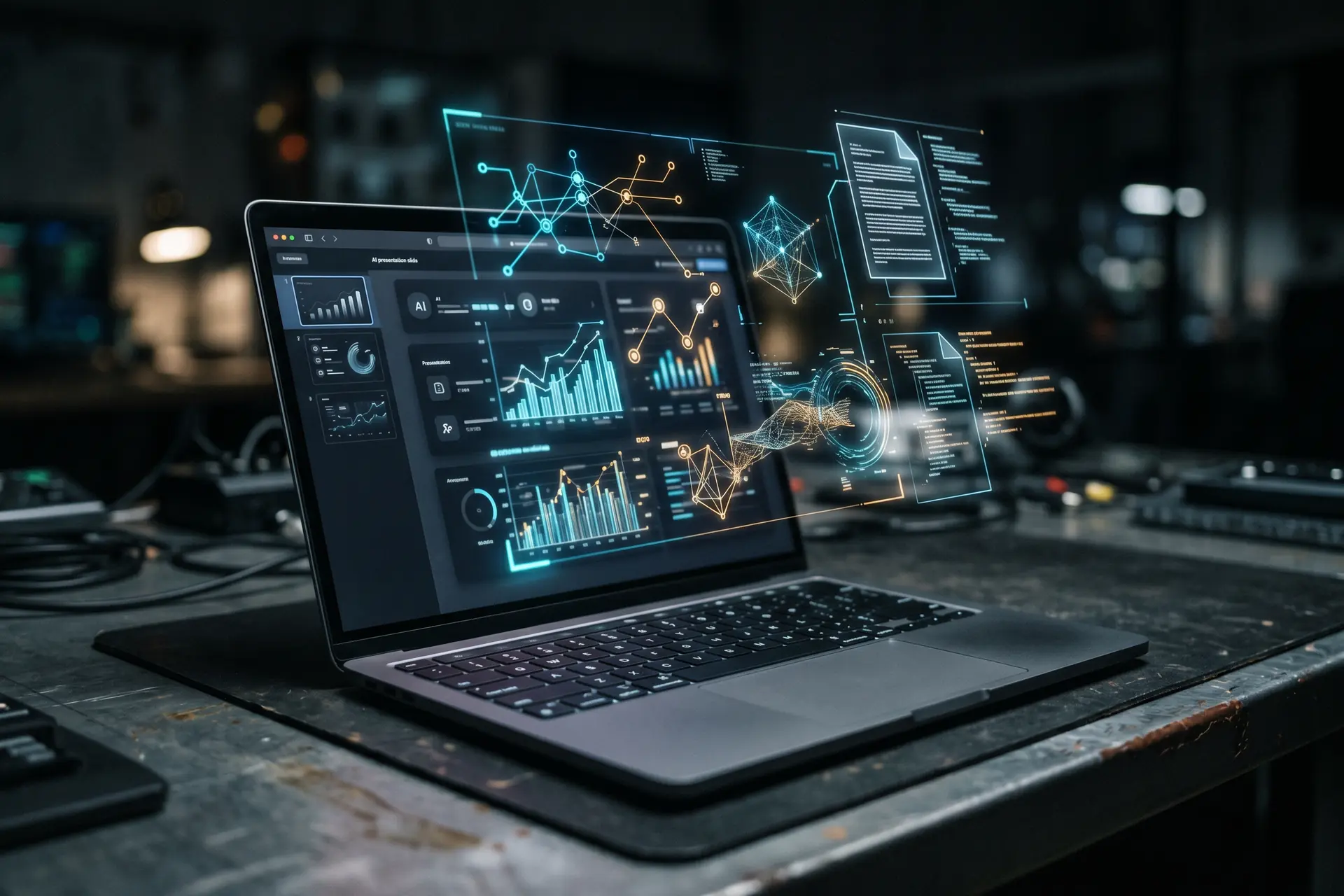 Écran d'ordinateur portable affichant une interface de présentation avec des visuels holographiques d'analyse de documents