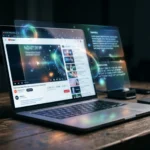 Écran d'ordinateur portable affichant une interface YouTube avec des superpositions holographiques de résumé et de traduction par IA