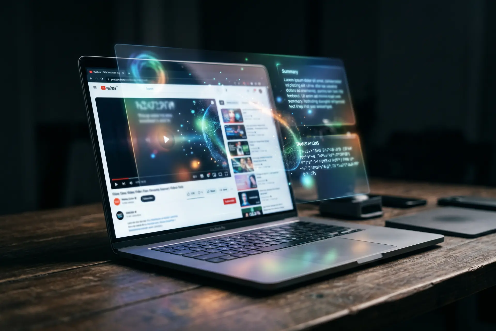 Écran d'ordinateur portable affichant une interface YouTube avec des superpositions holographiques de résumé et de traduction par IA