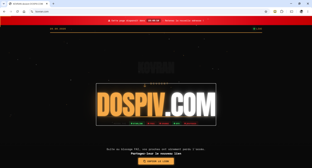 Capture de juin 2026 annonçant que Kovran devient Dospiv