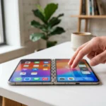 Smartphone pliable ouvert en forme de livre affichant une application iOS sur grand écran OLED interne
