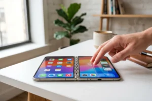 Smartphone pliable ouvert en forme de livre affichant une application iOS sur grand écran OLED interne