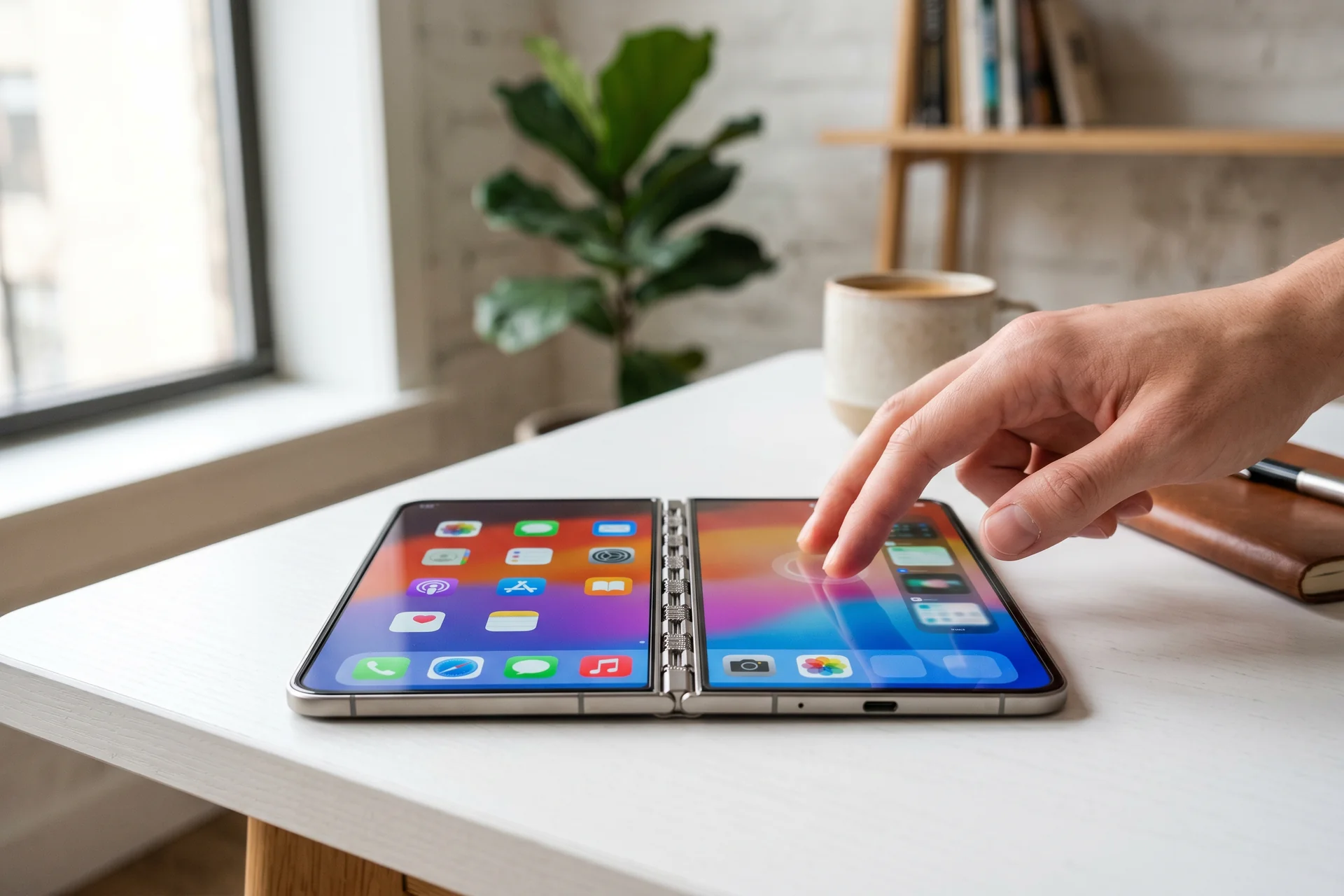 Smartphone pliable ouvert en forme de livre affichant une application iOS sur grand écran OLED interne