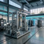 Vue large d'un laboratoire moderne d'informatique quantique en France, avec un cryostat cylindrique au centre, eclairage LED bleu et sarcelle, techniciens au second plan, sans texte ni logo