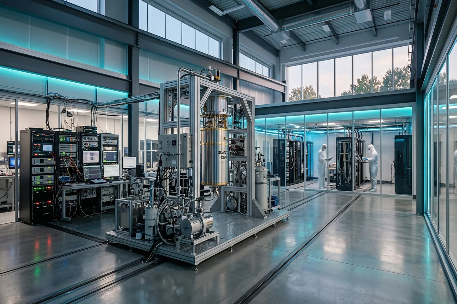 Vue large d'un laboratoire moderne d'informatique quantique en France, avec un cryostat cylindrique au centre, eclairage LED bleu et sarcelle, techniciens au second plan, sans texte ni logo