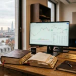 Bureau éditorial d une autorité européenne de régulation financière avec livre relié et écran affichant des données de marché crypto