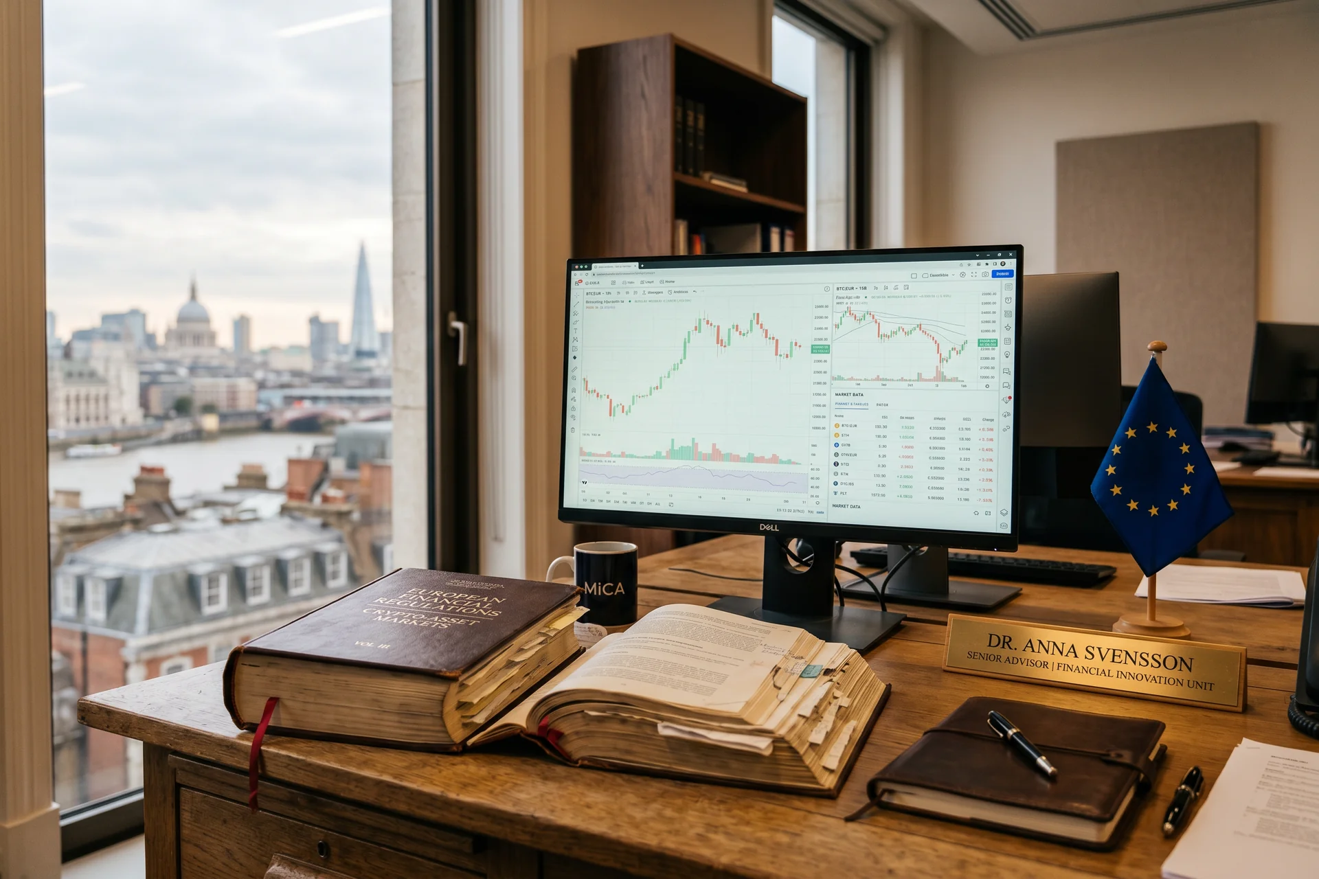 Bureau éditorial d une autorité européenne de régulation financière avec livre relié et écran affichant des données de marché crypto
