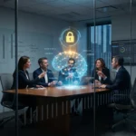 Microsoft bloque Claude Fable 5 à ses employés : ce que ça dit sur la gouvernance de l'IA Salle de réunion corporate vue derrière une cloison de verre avec un schéma holographique de réseau de neurones en lumières bleues et ambres, cadenas fermé symbolisant la rétention de données et la gouvernance de l IA en entreprise