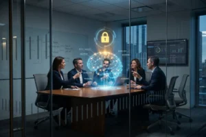 Salle de réunion corporate vue derrière une cloison de verre avec un schéma holographique de réseau de neurones en lumières bleues et ambres, cadenas fermé symbolisant la rétention de données et la gouvernance de l IA en entreprise