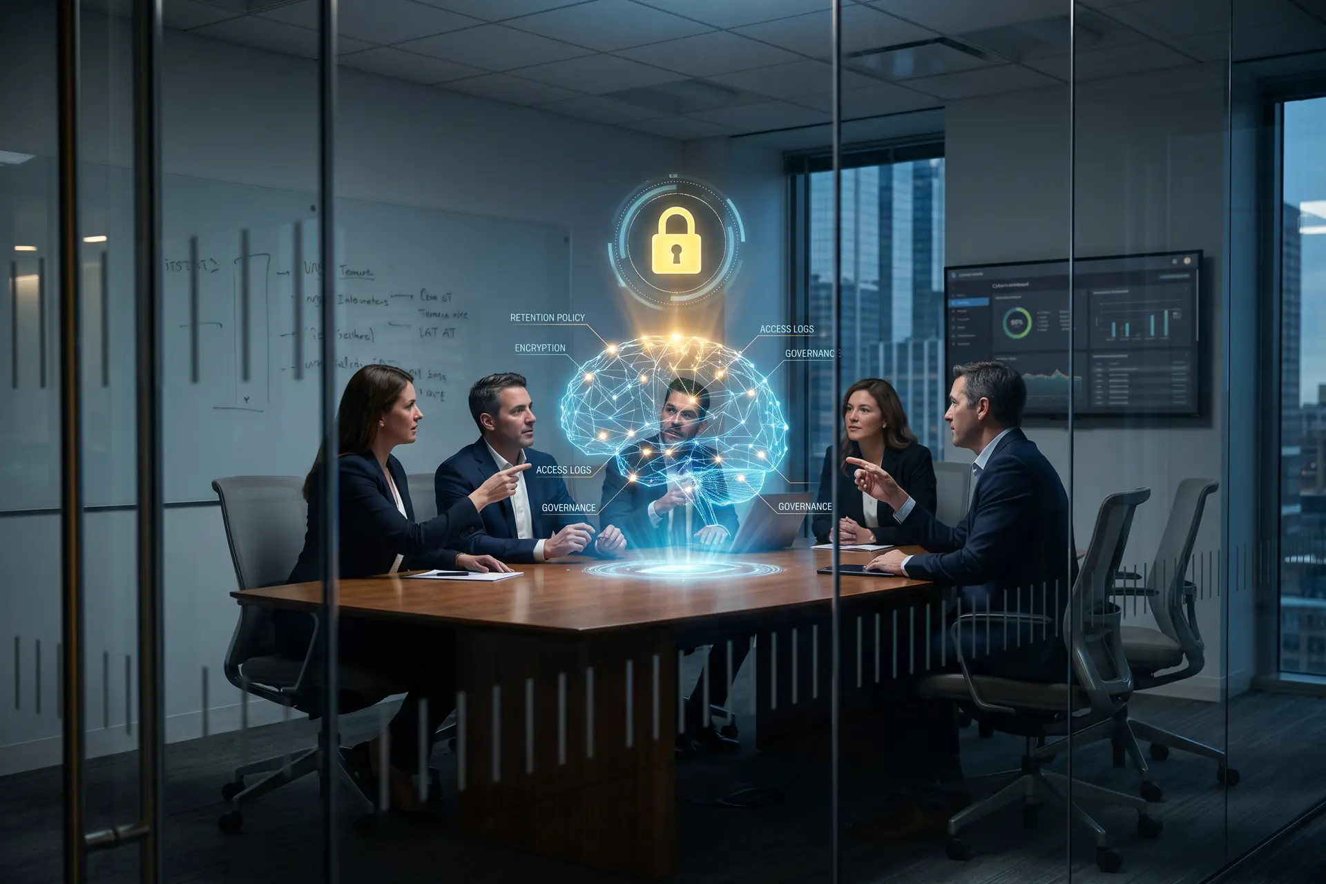 Salle de réunion corporate vue derrière une cloison de verre avec un schéma holographique de réseau de neurones en lumières bleues et ambres, cadenas fermé symbolisant la rétention de données et la gouvernance de l IA en entreprise