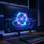 Interface Microsoft Scout agent IA toujours actif sur écran de bureau moderne avec éclairage bleu-violet dramatique