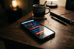 Smartphone affichant un avertissement de session piratée sur un compte Netflix, dans une ambiance nocturne de cybersécurité
