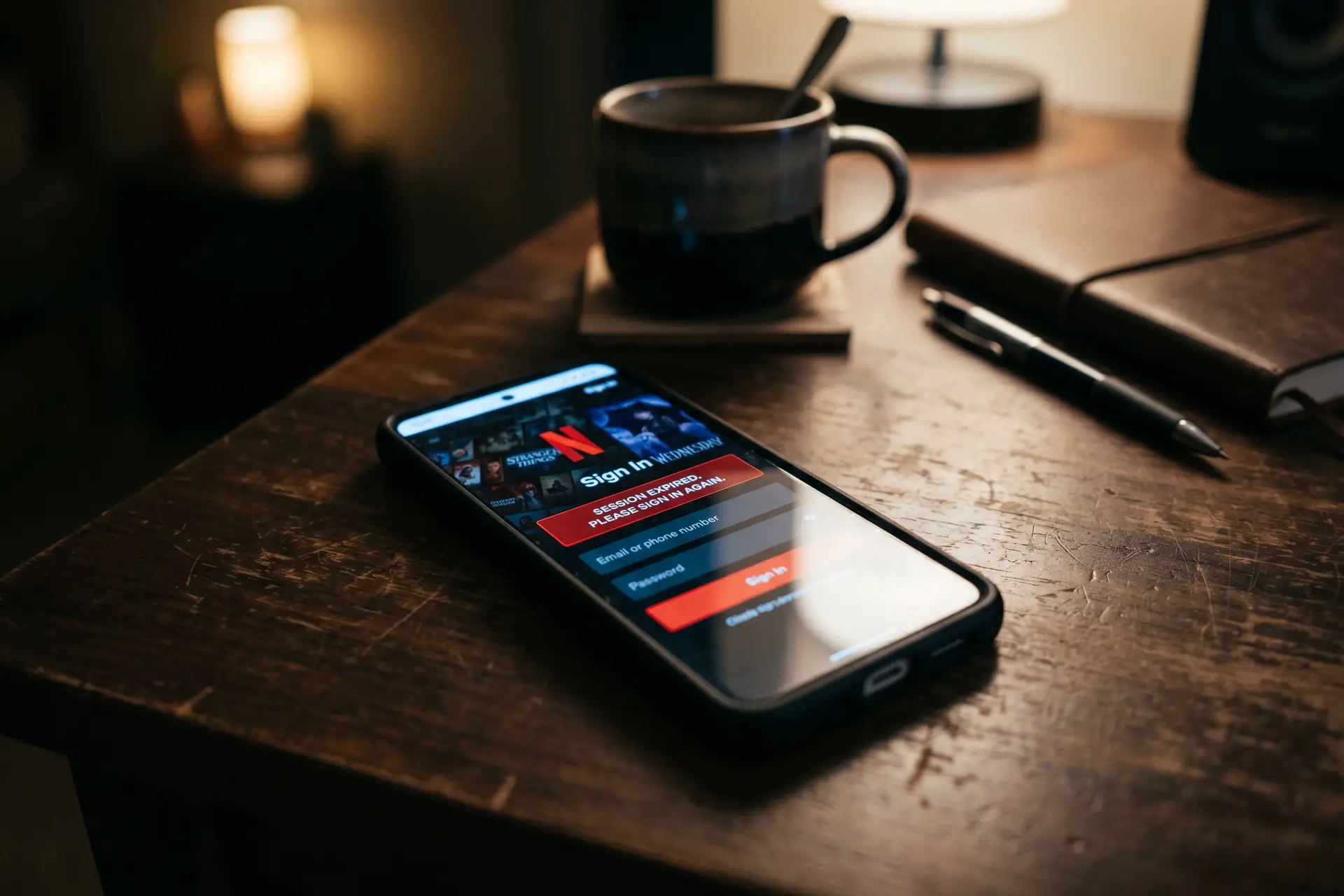 Smartphone affichant un avertissement de session piratée sur un compte Netflix, dans une ambiance nocturne de cybersécurité