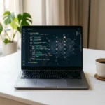 Comparaison open weights vs API fermée : laptop affichant du code source coloré et visualisation de réseau de neurones en arrière-plan, photo éditoriale pour guide startup 2026