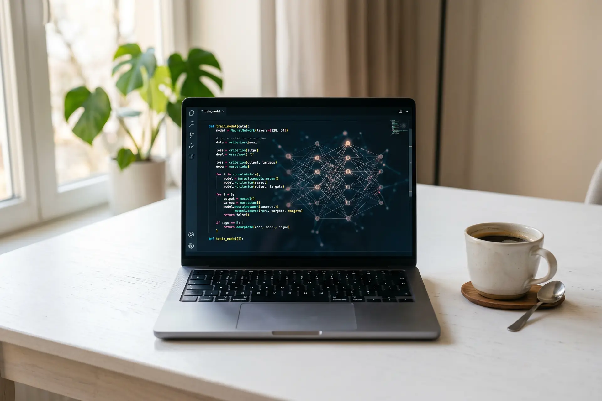 Comparaison open weights vs API fermée : laptop affichant du code source coloré et visualisation de réseau de neurones en arrière-plan, photo éditoriale pour guide startup 2026