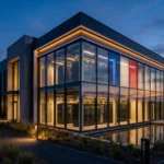 Façade d un data center européen au crépuscule avec lumières bleues et ambrées