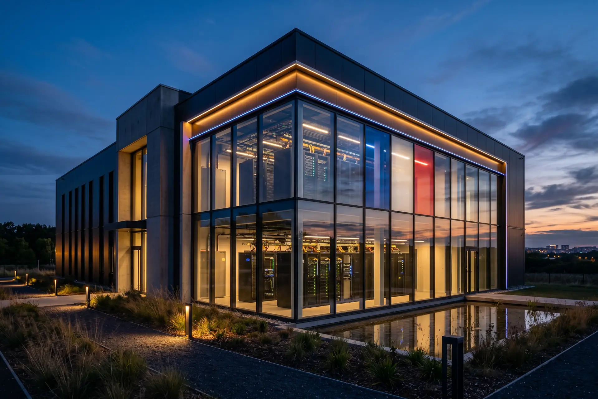 Façade d un data center européen au crépuscule avec lumières bleues et ambrées