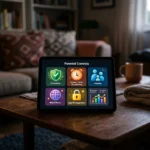 Tablette affichant un tableau de bord de contrôle parental avec des icônes de sécurité et une silhouette de famille en arrière-plan flou