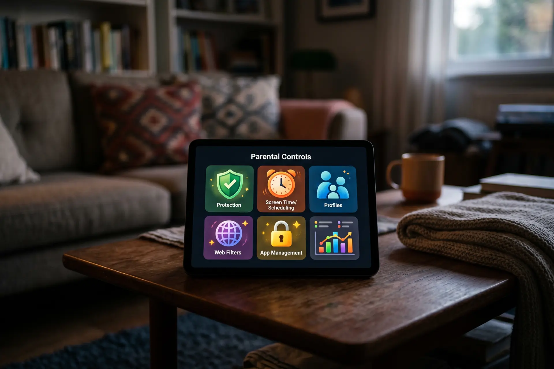 Tablette affichant un tableau de bord de contrôle parental avec des icônes de sécurité et une silhouette de famille en arrière-plan flou