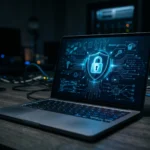 Écran d'ordinateur portable affichant un coffre-fort numérique sécurisé avec des icônes de cadenas bleus